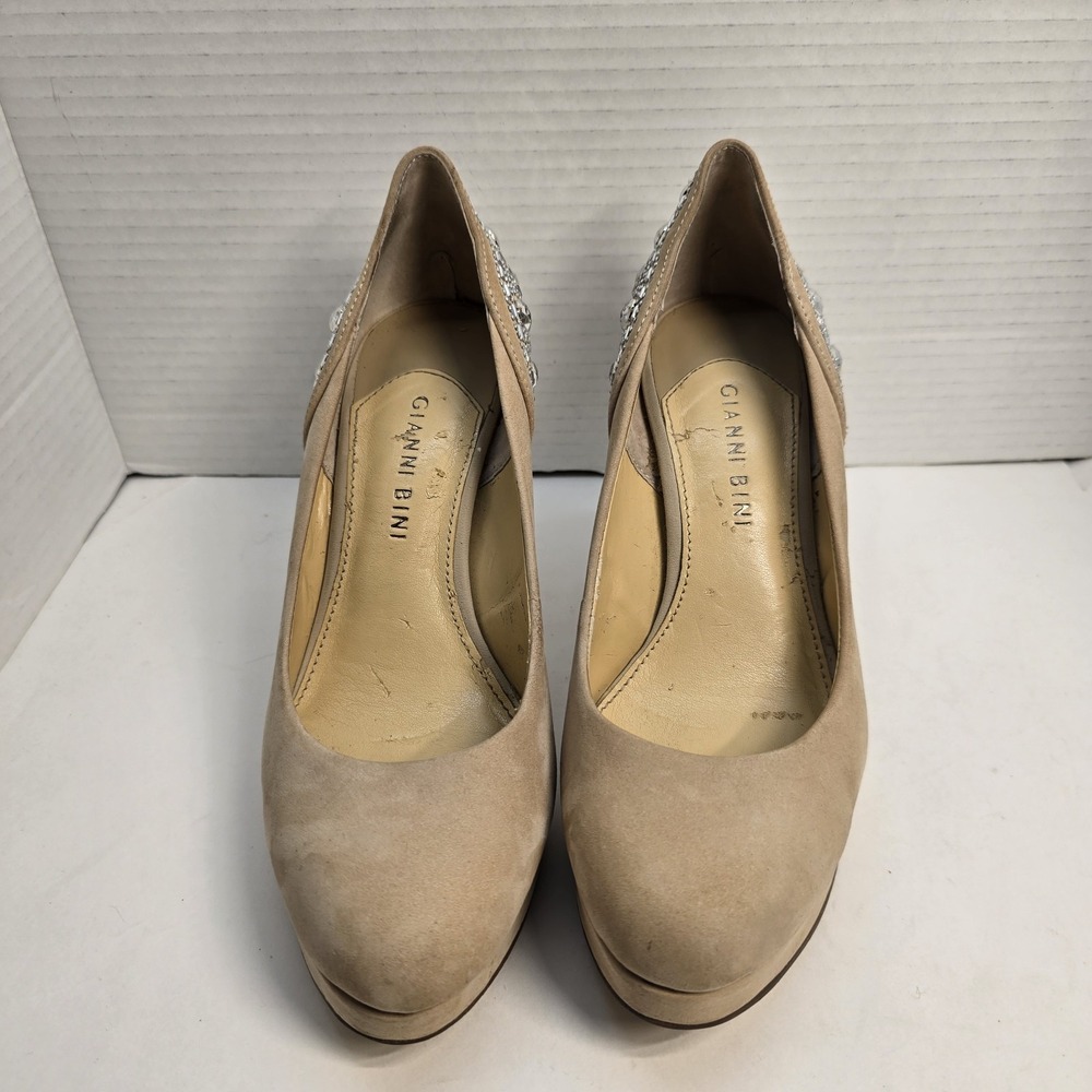 Gianni Bini Tan Suede Rhinestone Embellished Platform Pumps Heels Womens 7.5M